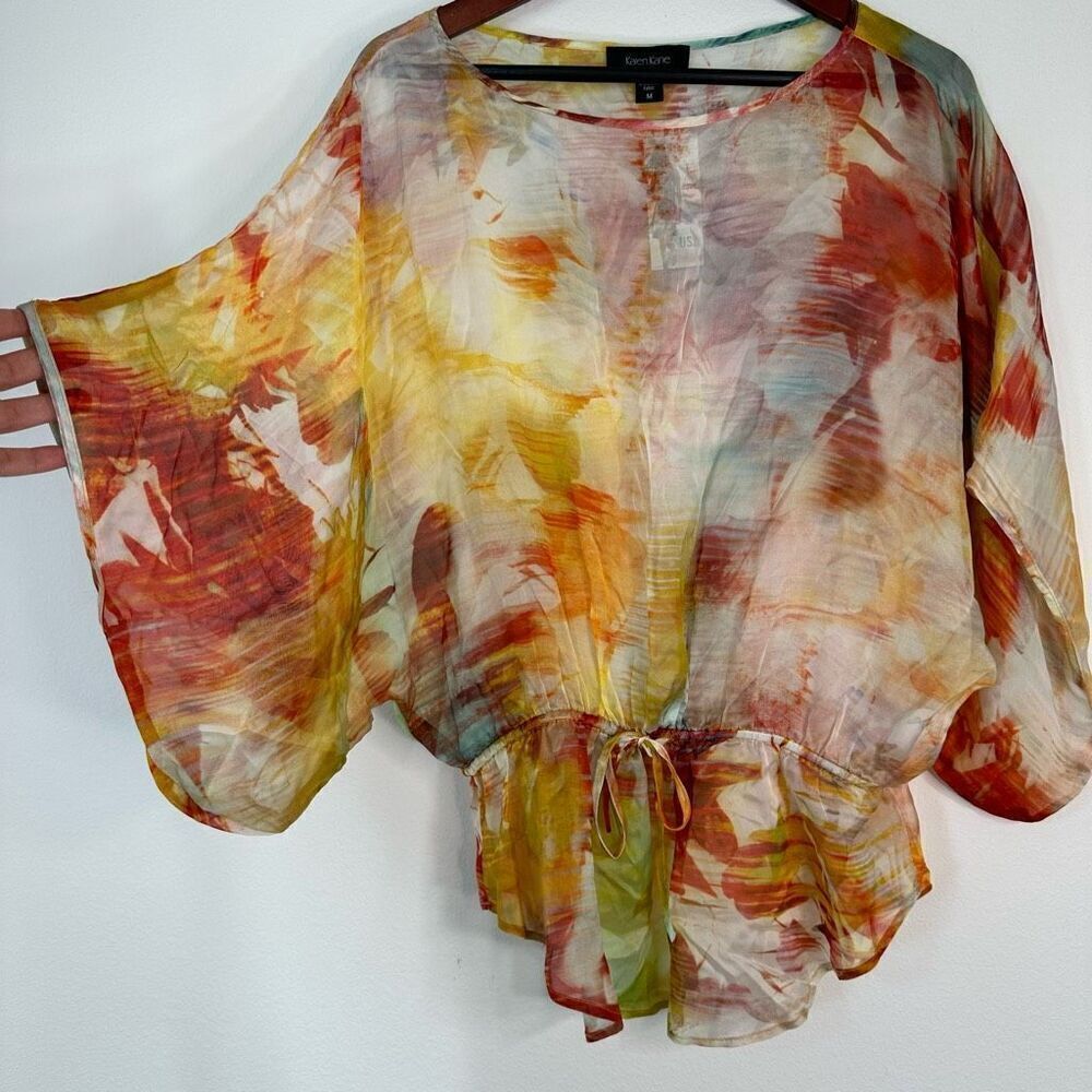 Karen Kane 100% Silk Boho Watercolor Kimono Top Womens Medium Relaxed Hippie NWT